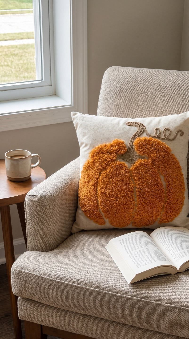 Customer photo of the pumpkin cushion in a reading corner with coffee