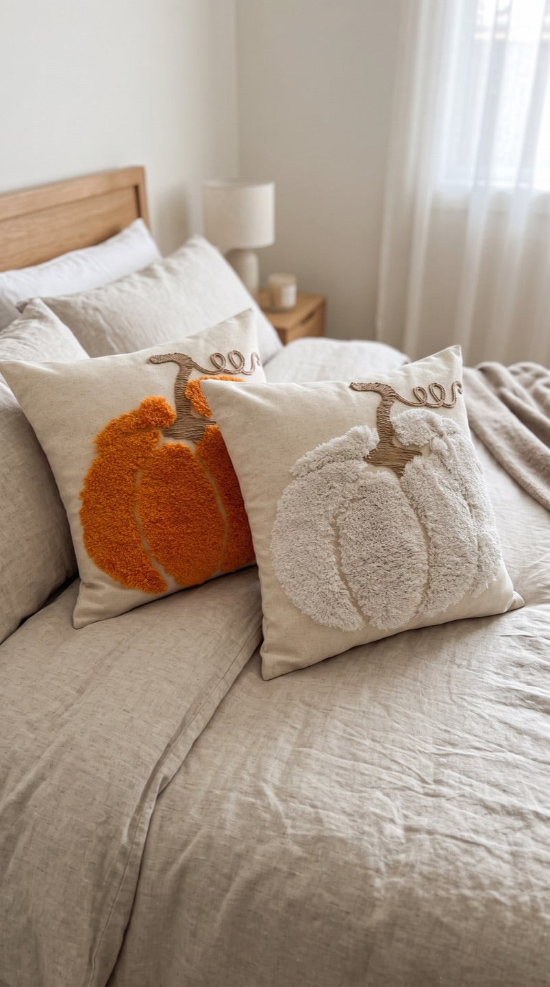 Customer photo of the orange and cream pumpkin cushions on a bed