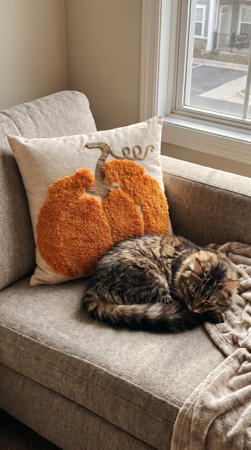 Customer photo of a cat asleep next to the pumpkin cushion