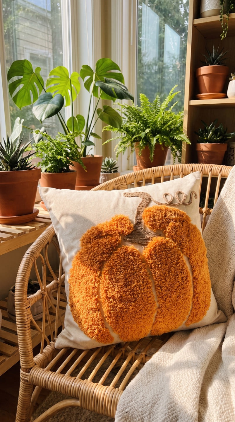 Customer photo of the pumpkin cushion on a rattan chair in a sunroom