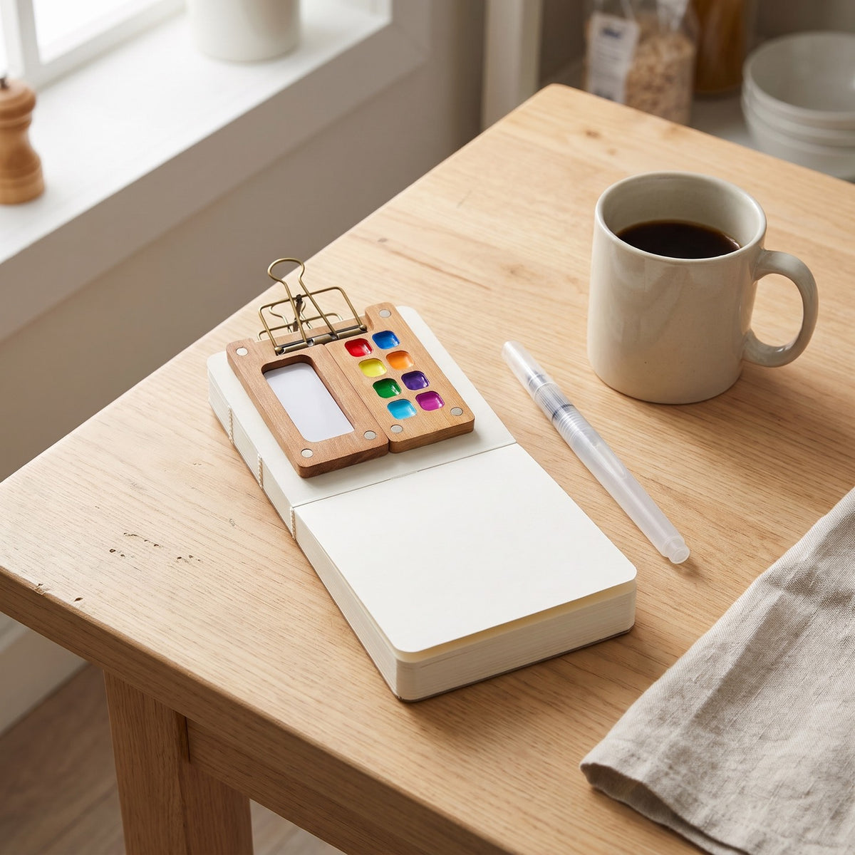 Peggy's handmade walnut watercolor kit next to a coffee mug for size