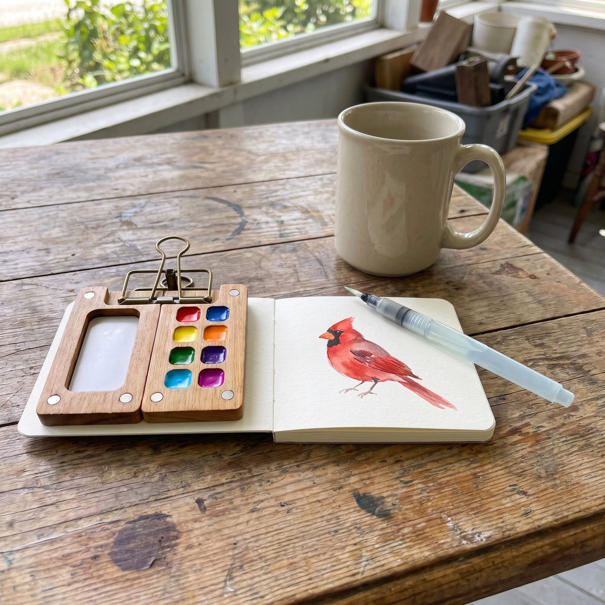 The open watercolor kit with a painted cardinal on the page