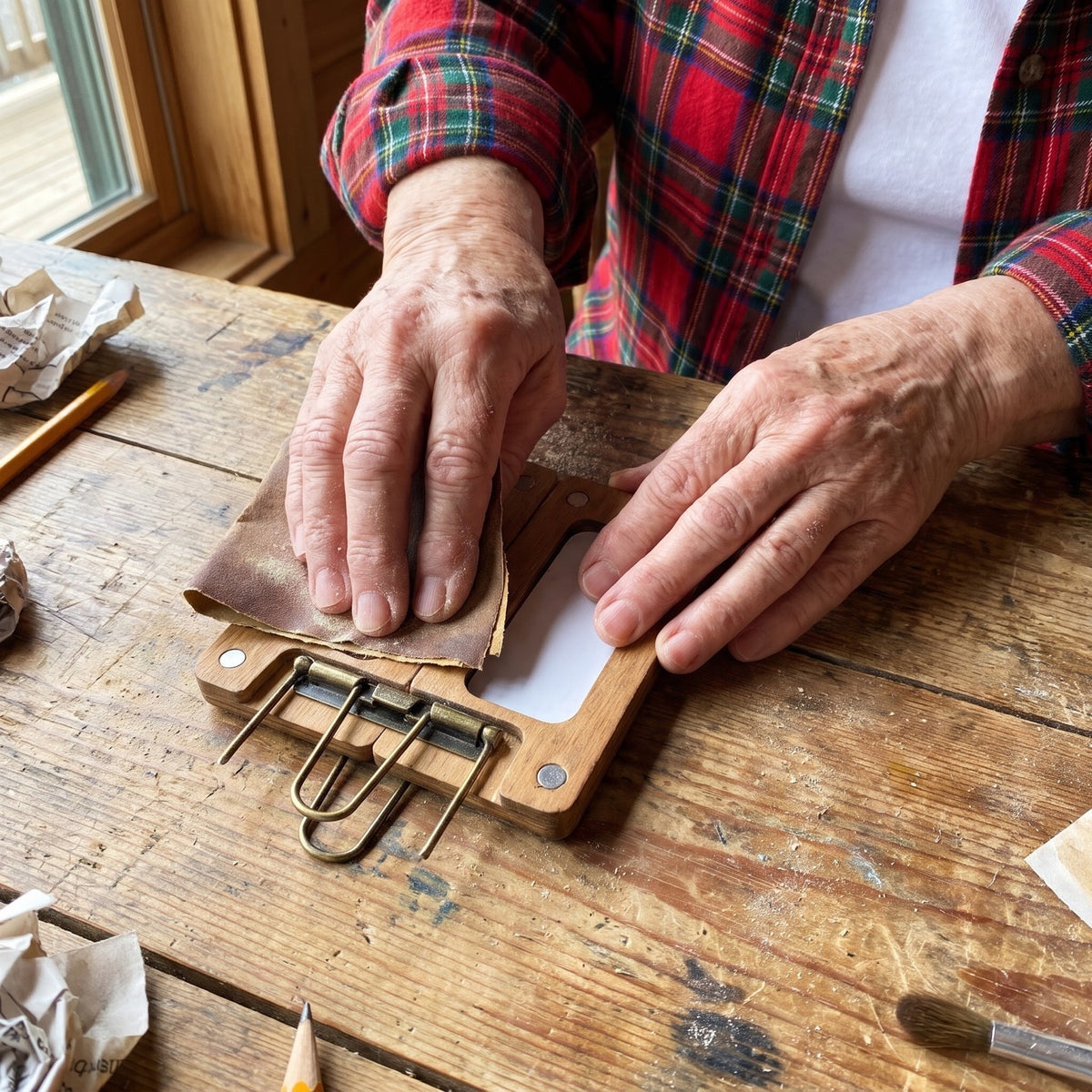 Peggy sanding a walnut palette by hand