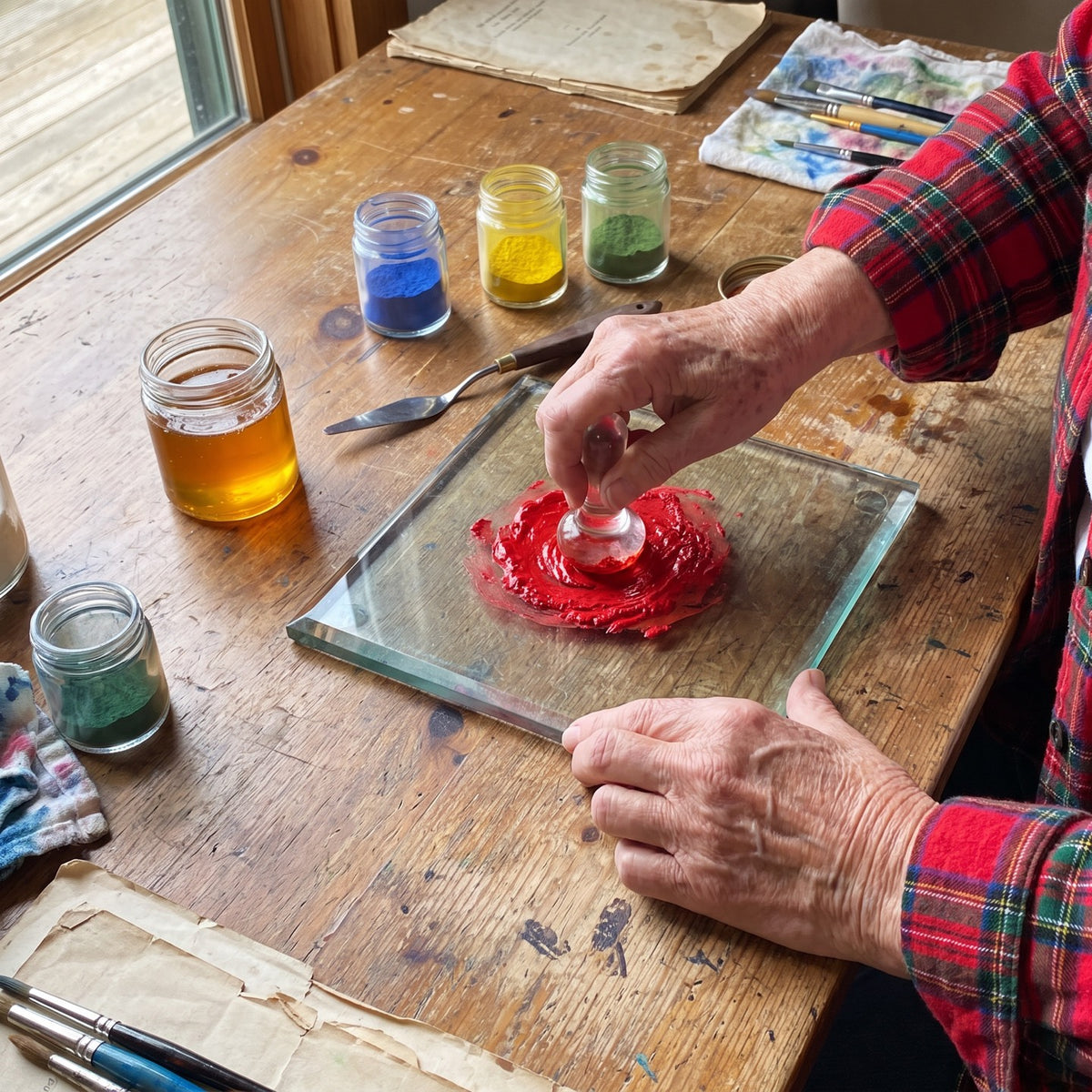Peggy mixing watercolor paint by hand on glass