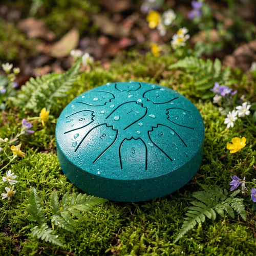 Hand-tuned rain drum resting on green moss after rain