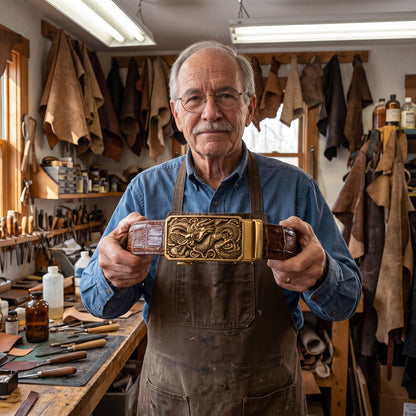 Ray Vandiver holding one of his finished belts at the workbench