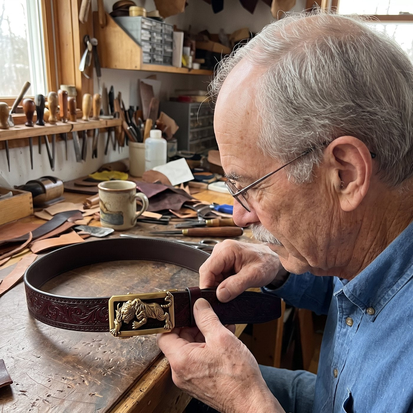 Ray fitting the tiger buckle to a carved burgundy strap
