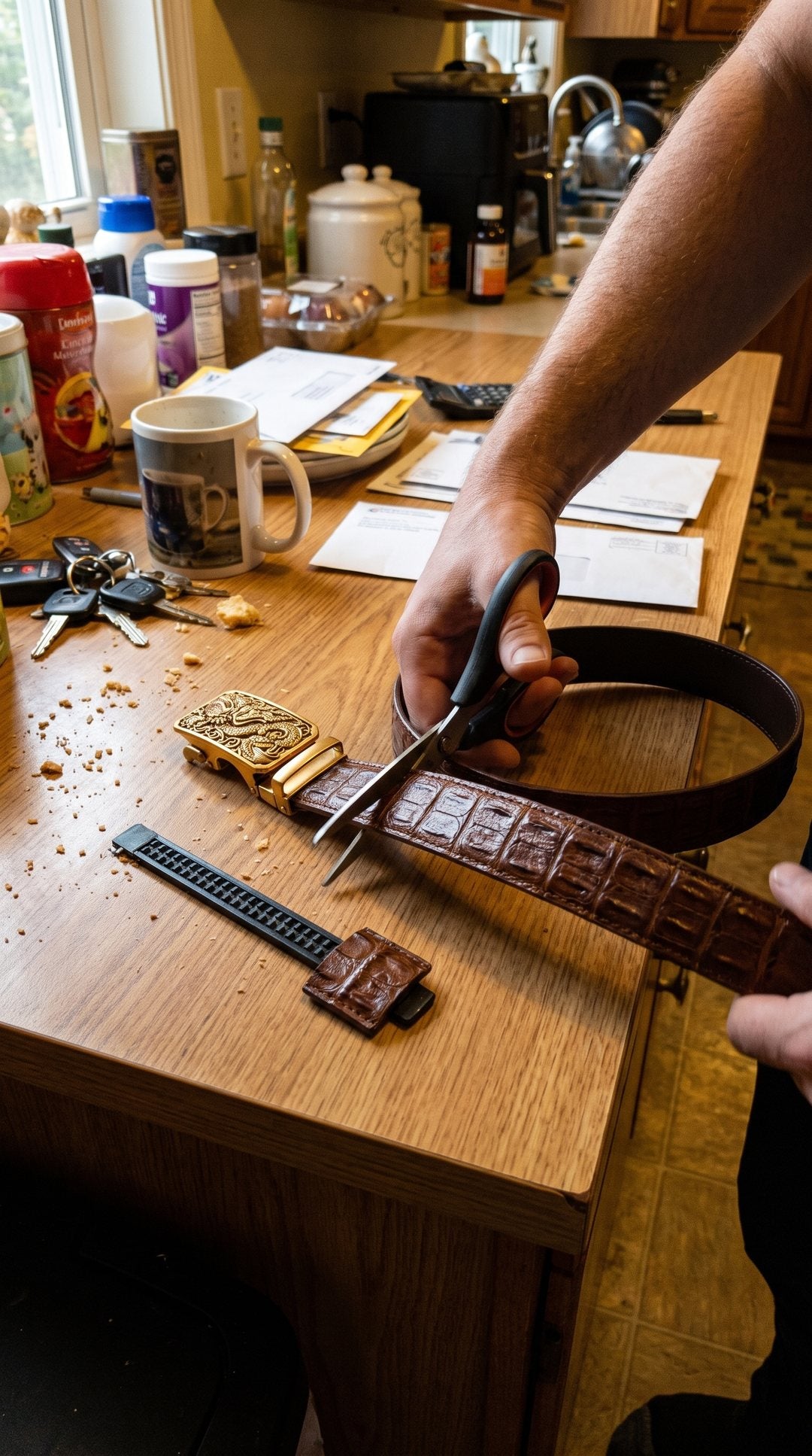 Customer photo: cutting the belt to size at the kitchen table