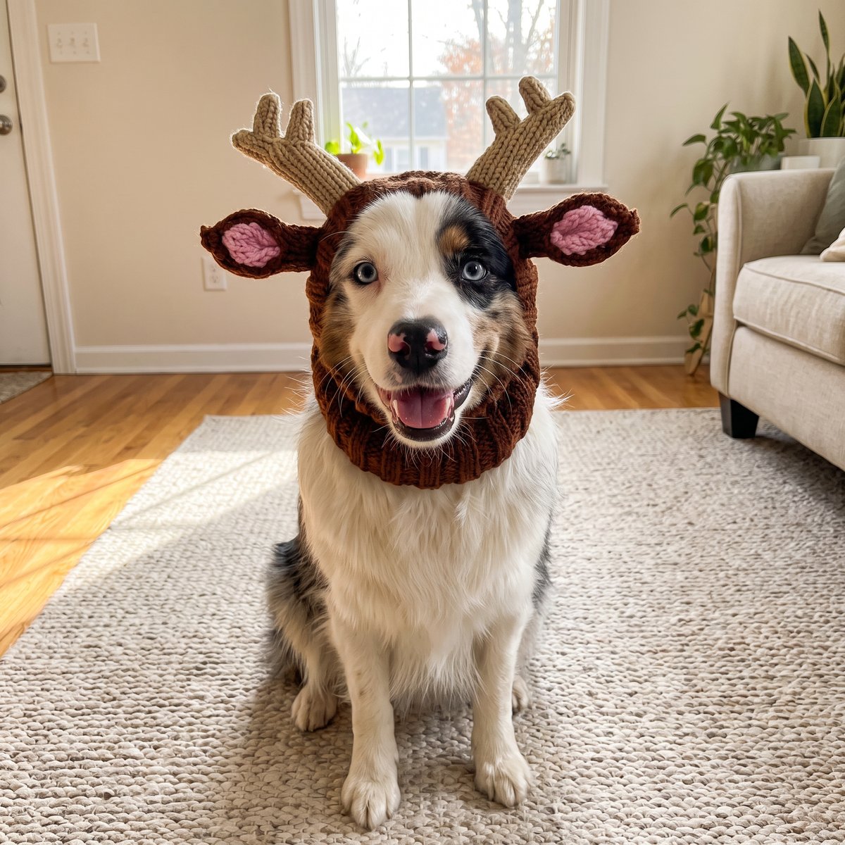 Birdie's hand-knit reindeer dog hat on an Australian Shepherd, front view