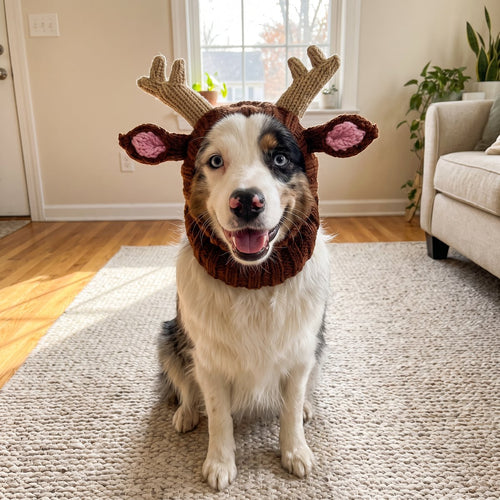 Birdie's hand-knit reindeer dog hat on an Australian Shepherd, front view