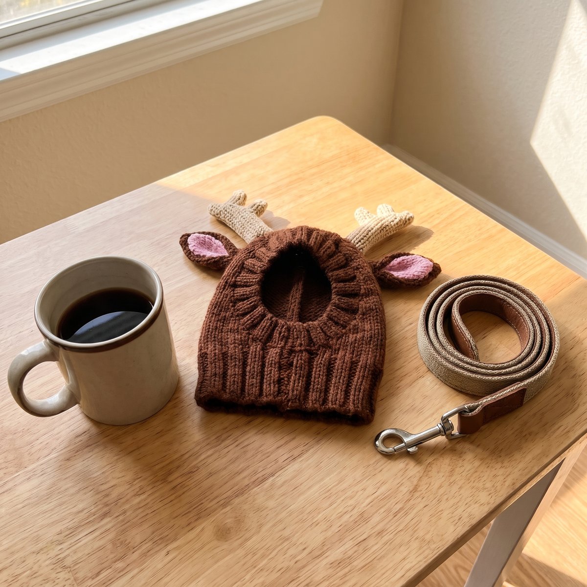 The reindeer dog hat lying flat next to a coffee mug