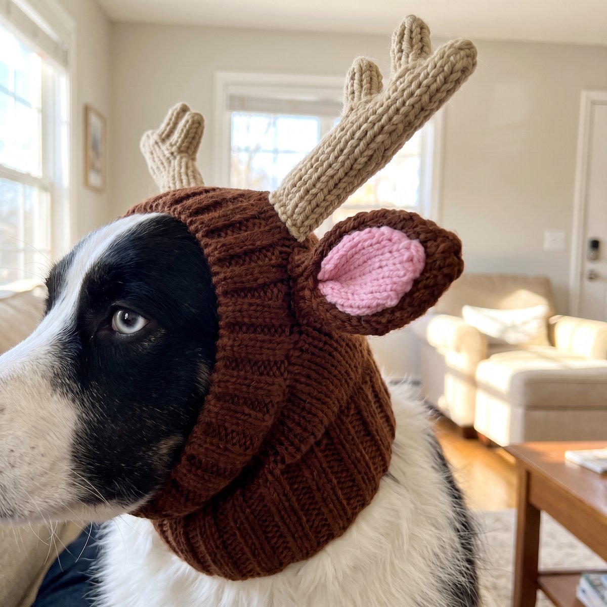 Close-up of the crocheted antlers and pink-lined ears