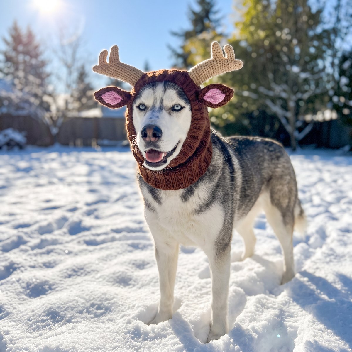 Reindeer dog hat in Large on a Husky in the snow