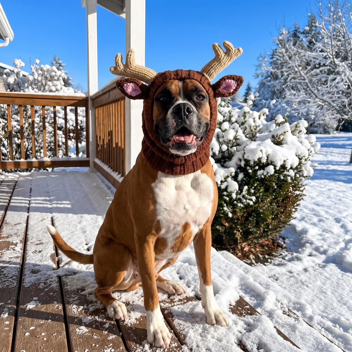 Boxer wearing the reindeer hat on a snowy porch