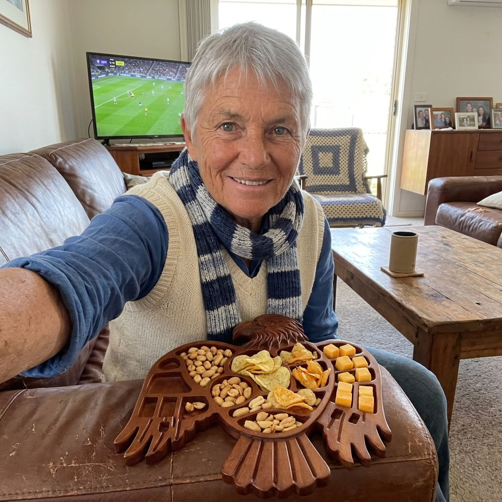 Customer selfie with the Eagle tray full of footy snacks