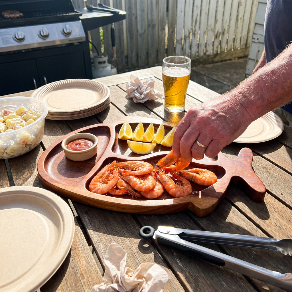Bream tray with prawns at a backyard barbecue