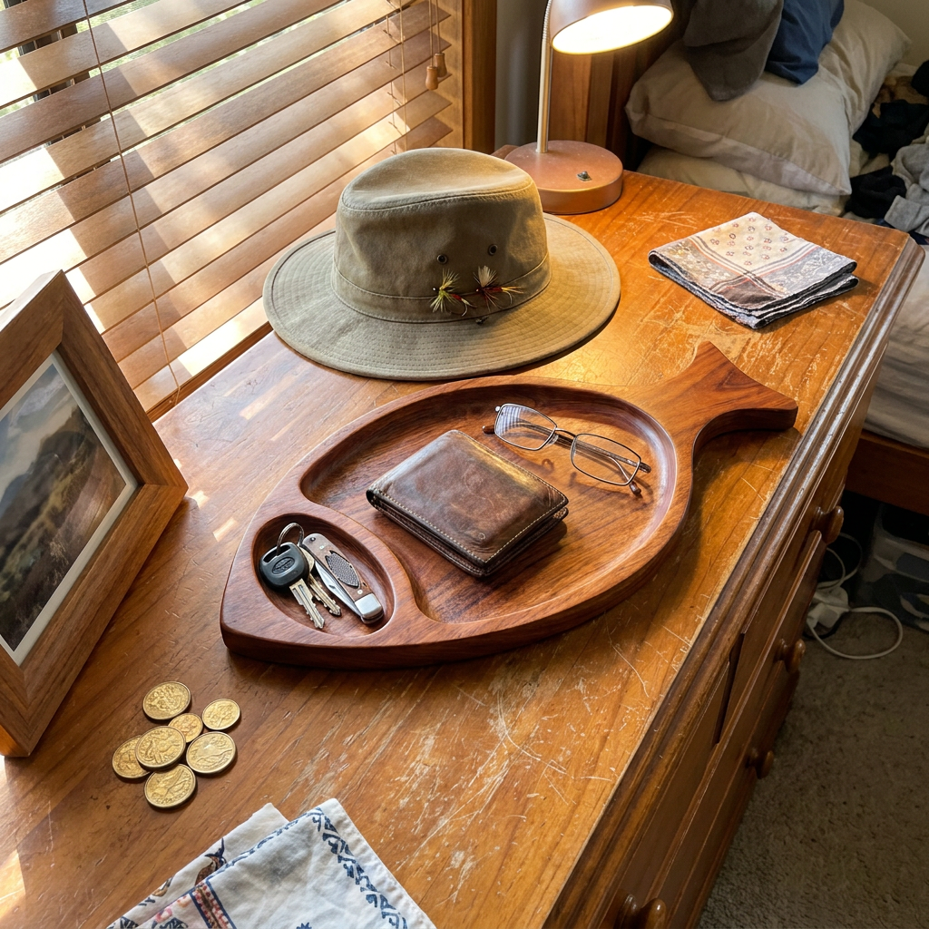 Trout tray as a catch-all on a dresser