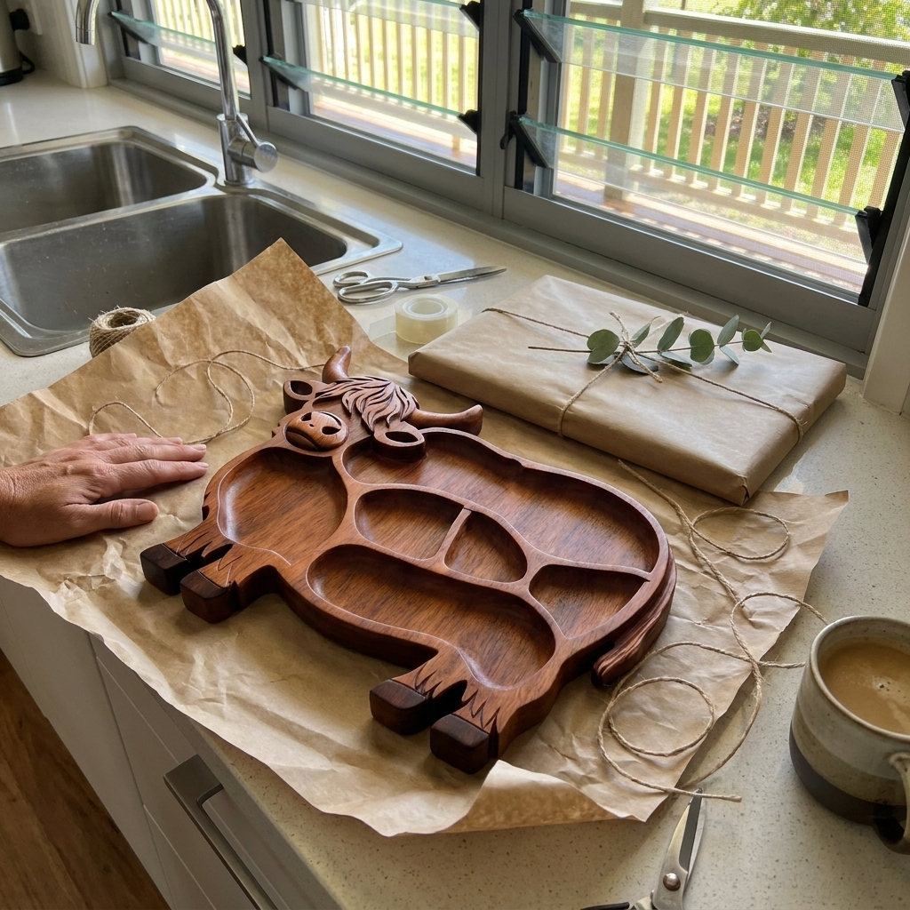 Highland Cow tray freshly unwrapped next to a present