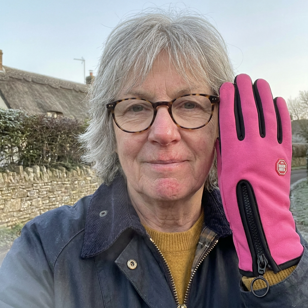 Customer selfie wearing the rose-pink gloves