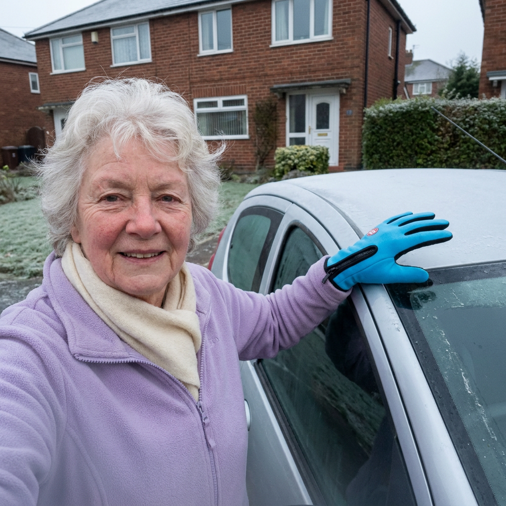 Customer selfie wearing the sky-blue gloves