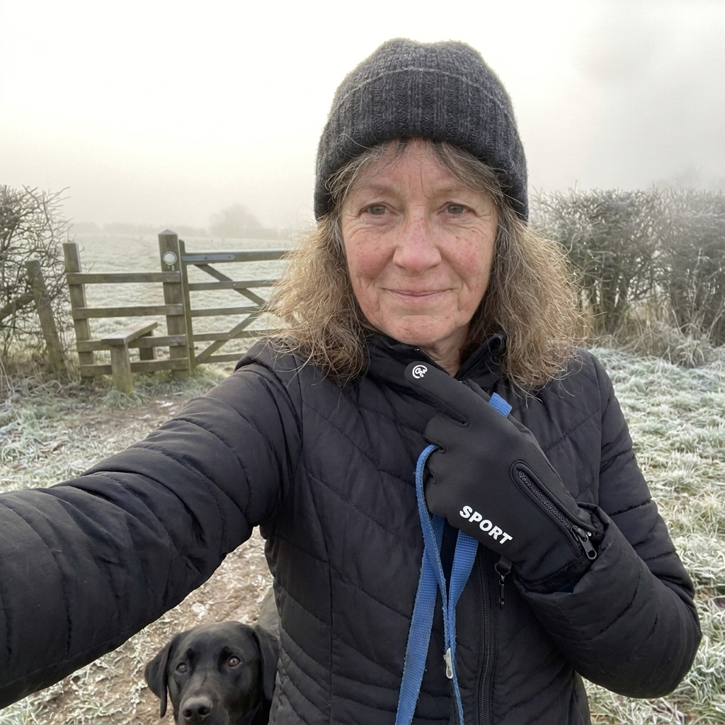 Customer selfie wearing the black Sport gloves while walking the dog