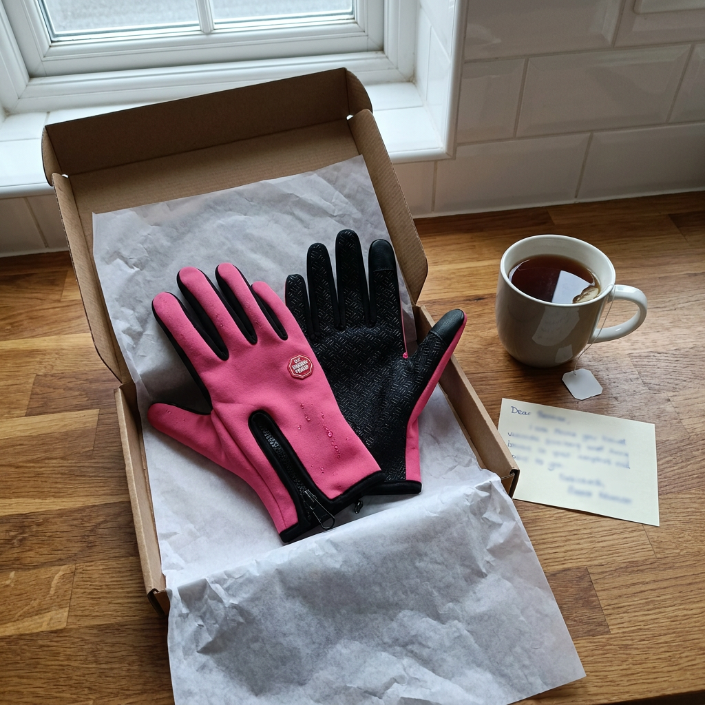 Rose-pink gloves just unboxed with a handwritten card
