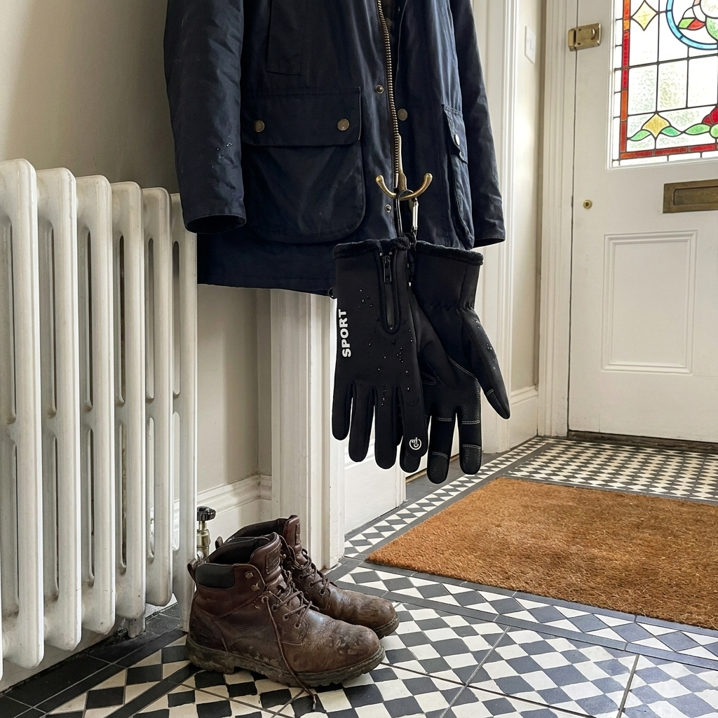 Black Sport gloves clipped to a winter coat