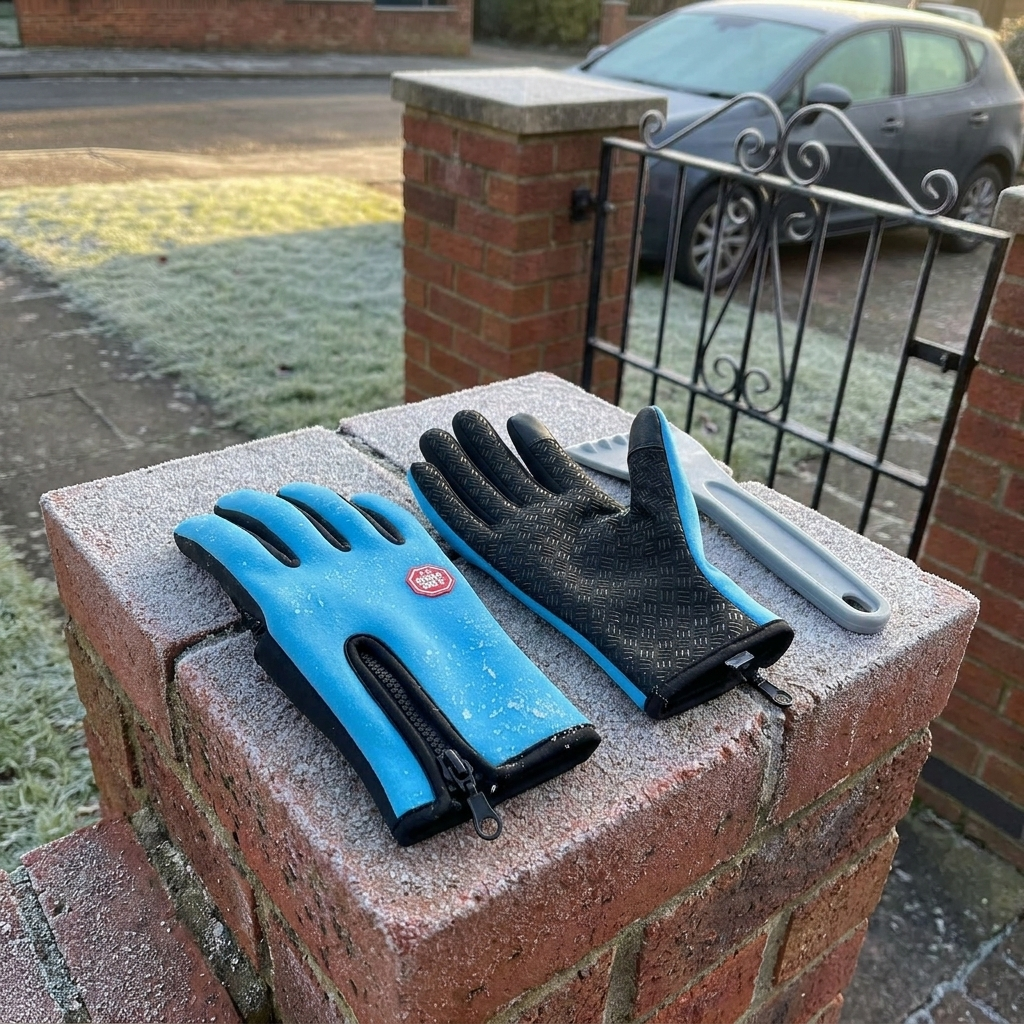 Sky-blue gloves after clearing snow