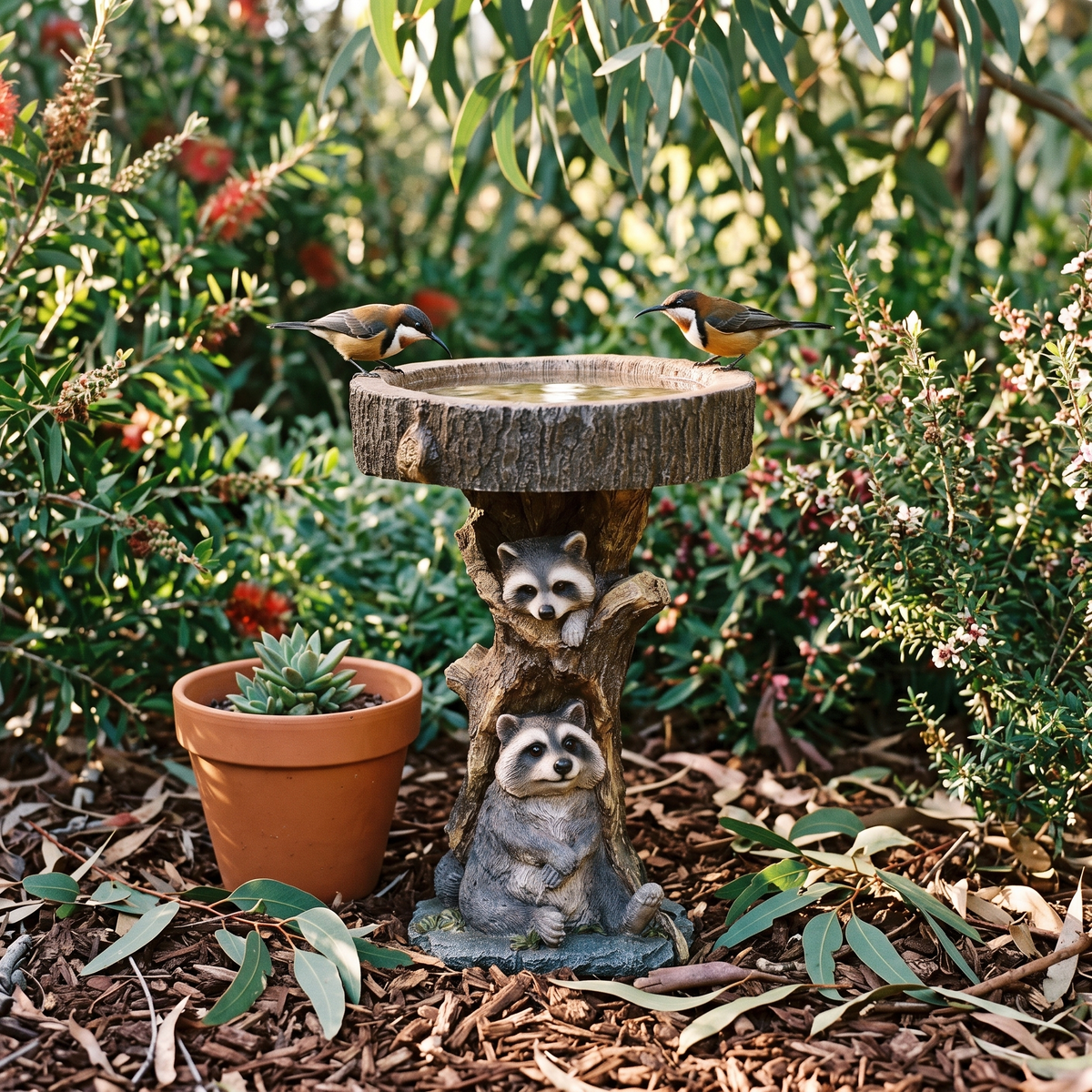 Raccoon stump bird bath
