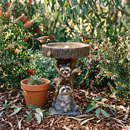 Raccoon stump bird bath