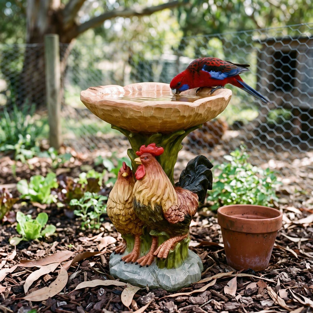 Rooster and hen bird bath