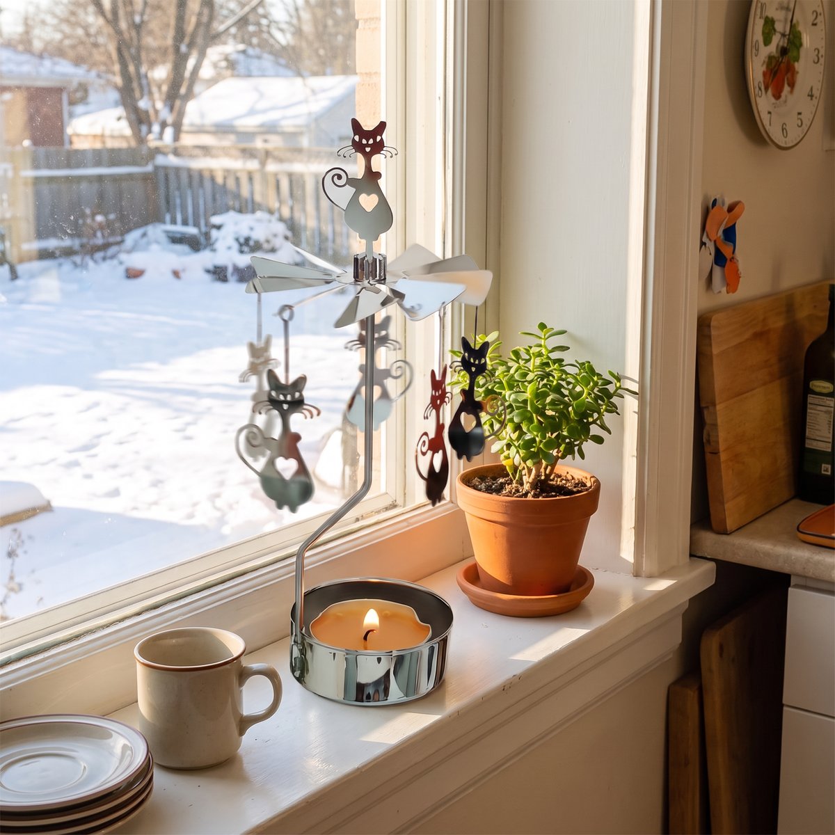 Cat candle carousel on a kitchen windowsill in winter