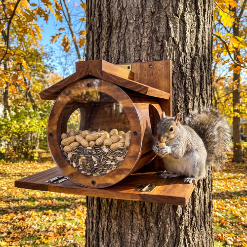 Otis's squirrel barrel feeder on an oak tree with a gray squirrel