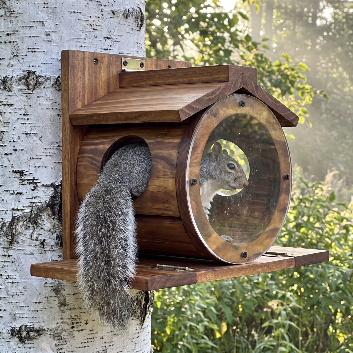 Side view of the squirrel barrel with a gray squirrel climbing through the side door