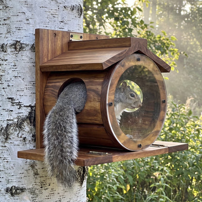 Side view of the squirrel barrel with a gray squirrel climbing through the side door