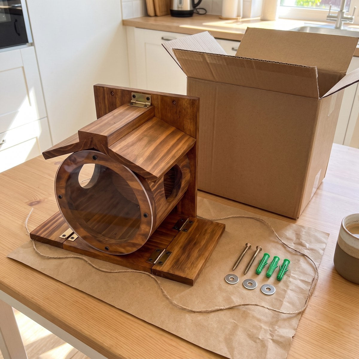 What comes in the box: squirrel barrel, screws, wall plugs and washers