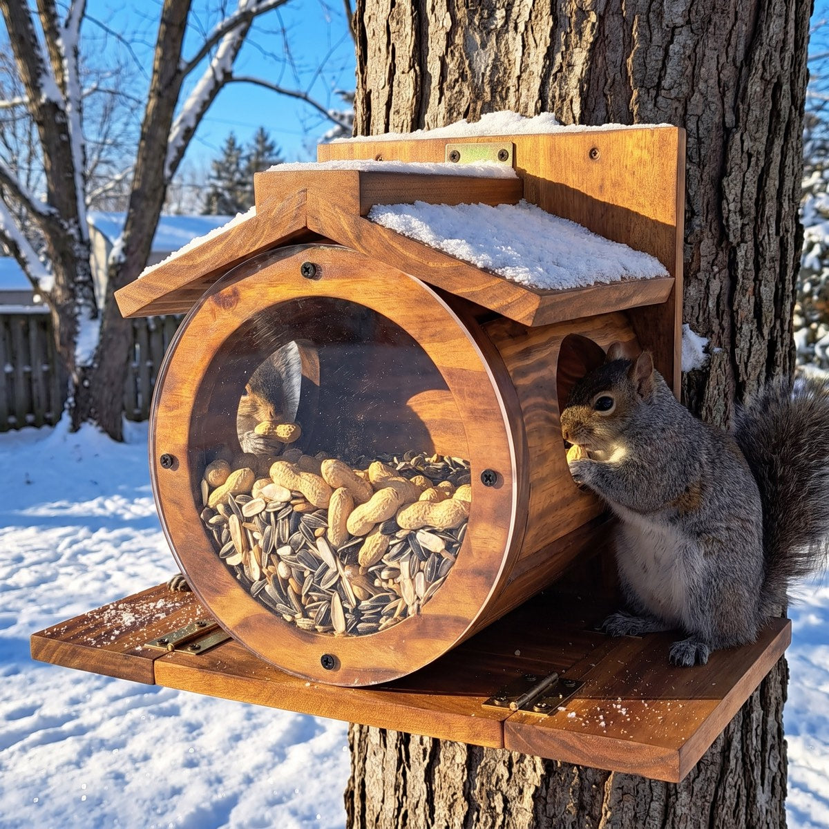Squirrel barrel feeder in winter snow with two gray squirrels