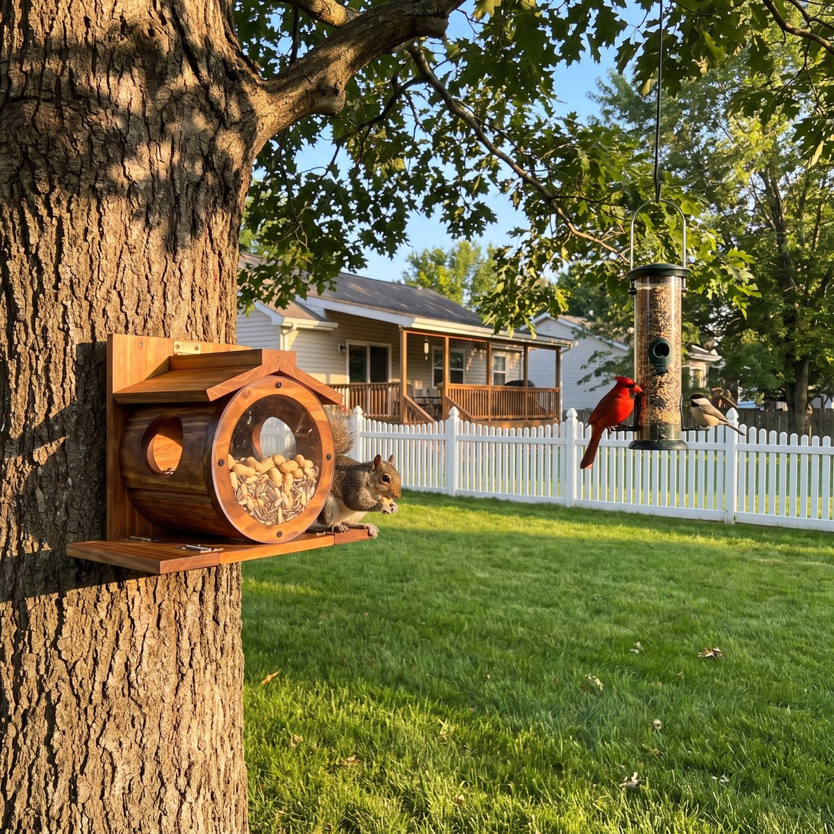 Squirrel barrel on an oak, bird feeder with a cardinal ten feet away