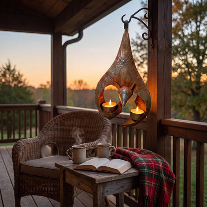 The glowing iron bat lantern above a porch table with two coffee mugs