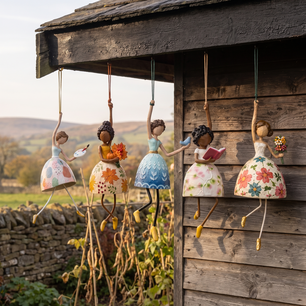 All five of Thirza's hand-painted wind dancers hanging side by side