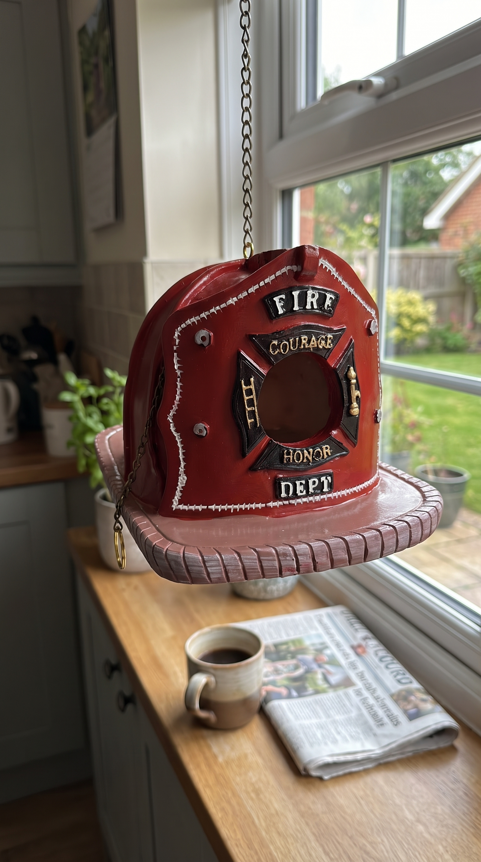 Firefighter helmet birdhouse by a kitchen window