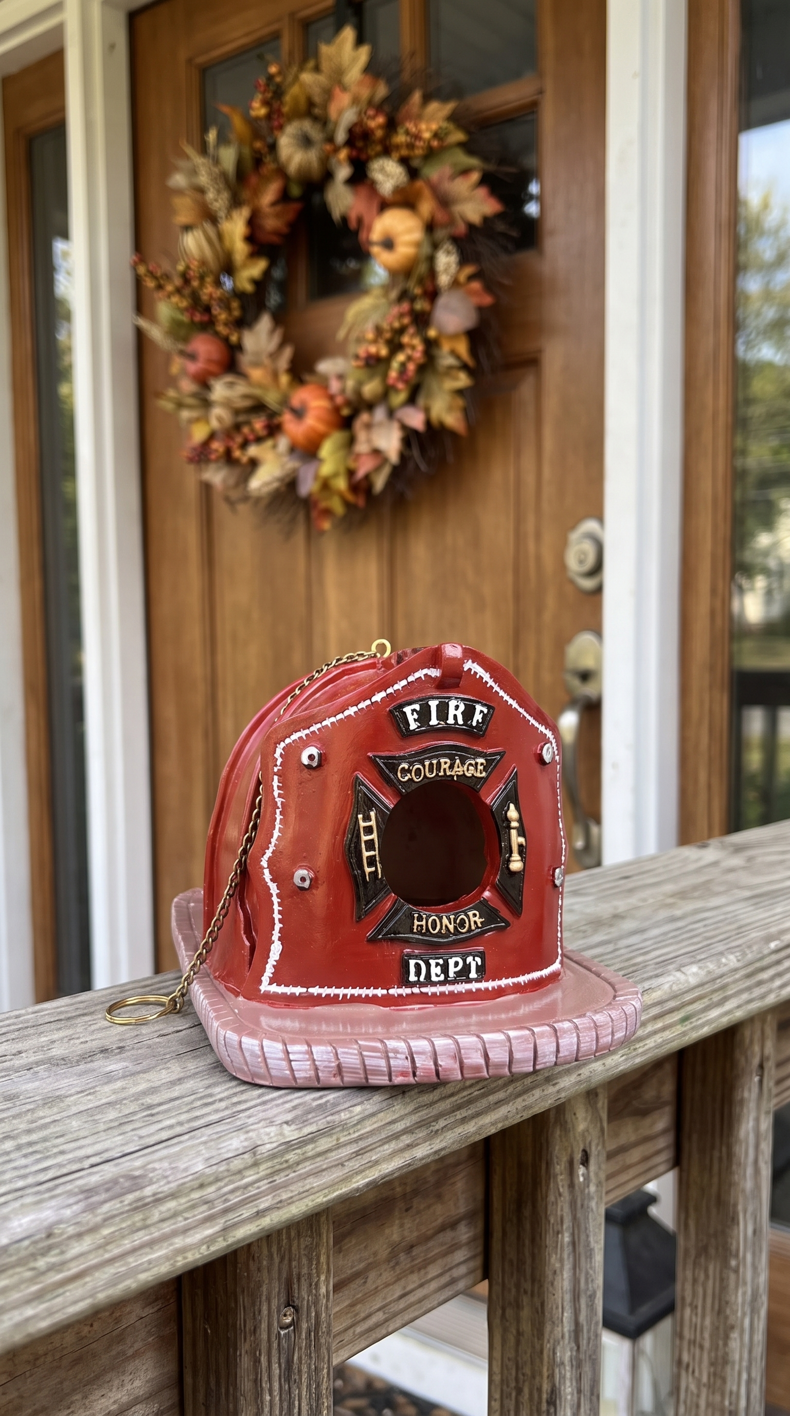 Firefighter helmet birdhouse on a porch railing
