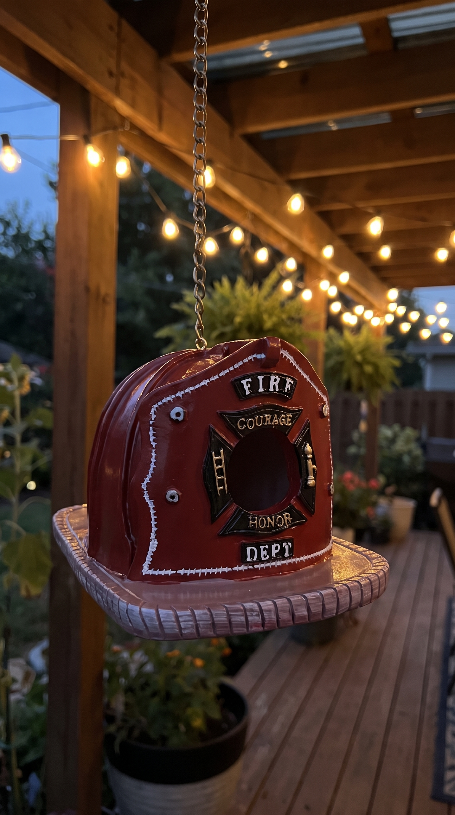 Firefighter helmet birdhouse on a patio