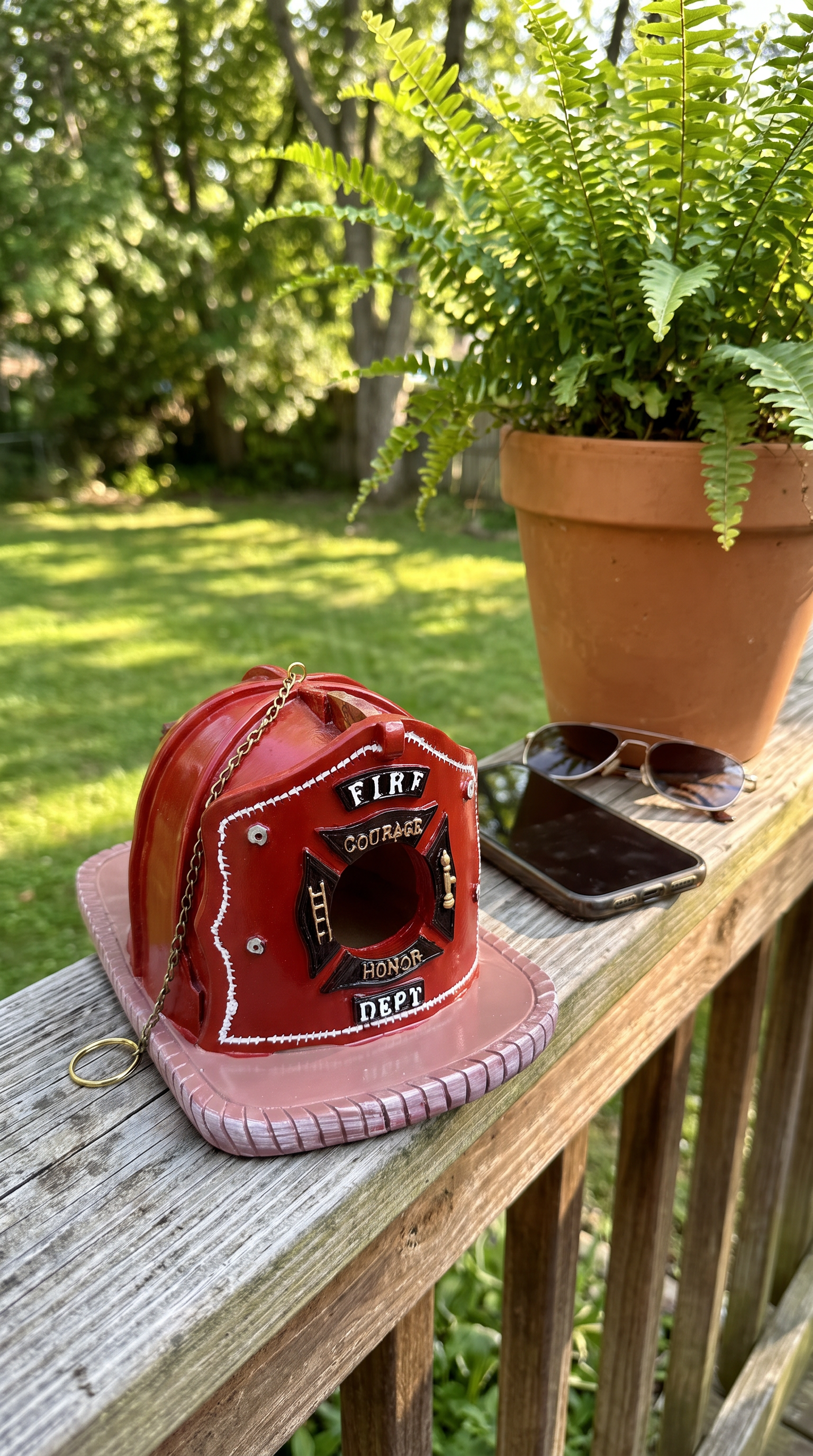 Firefighter helmet birdhouse on a deck railing