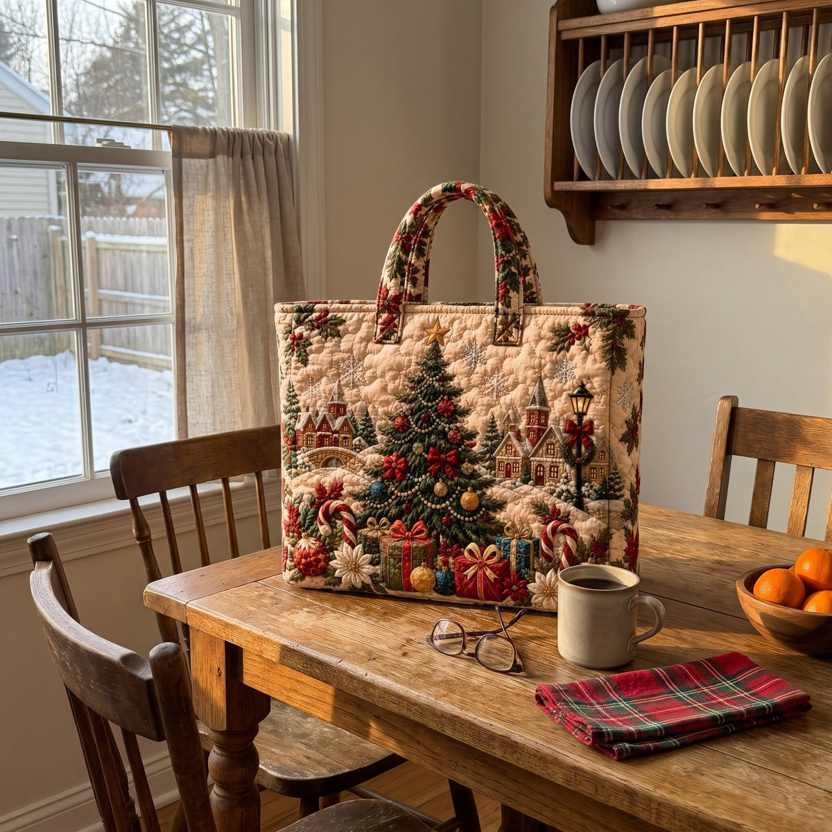 Treva's quilted Christmas tote, Christmas Village design