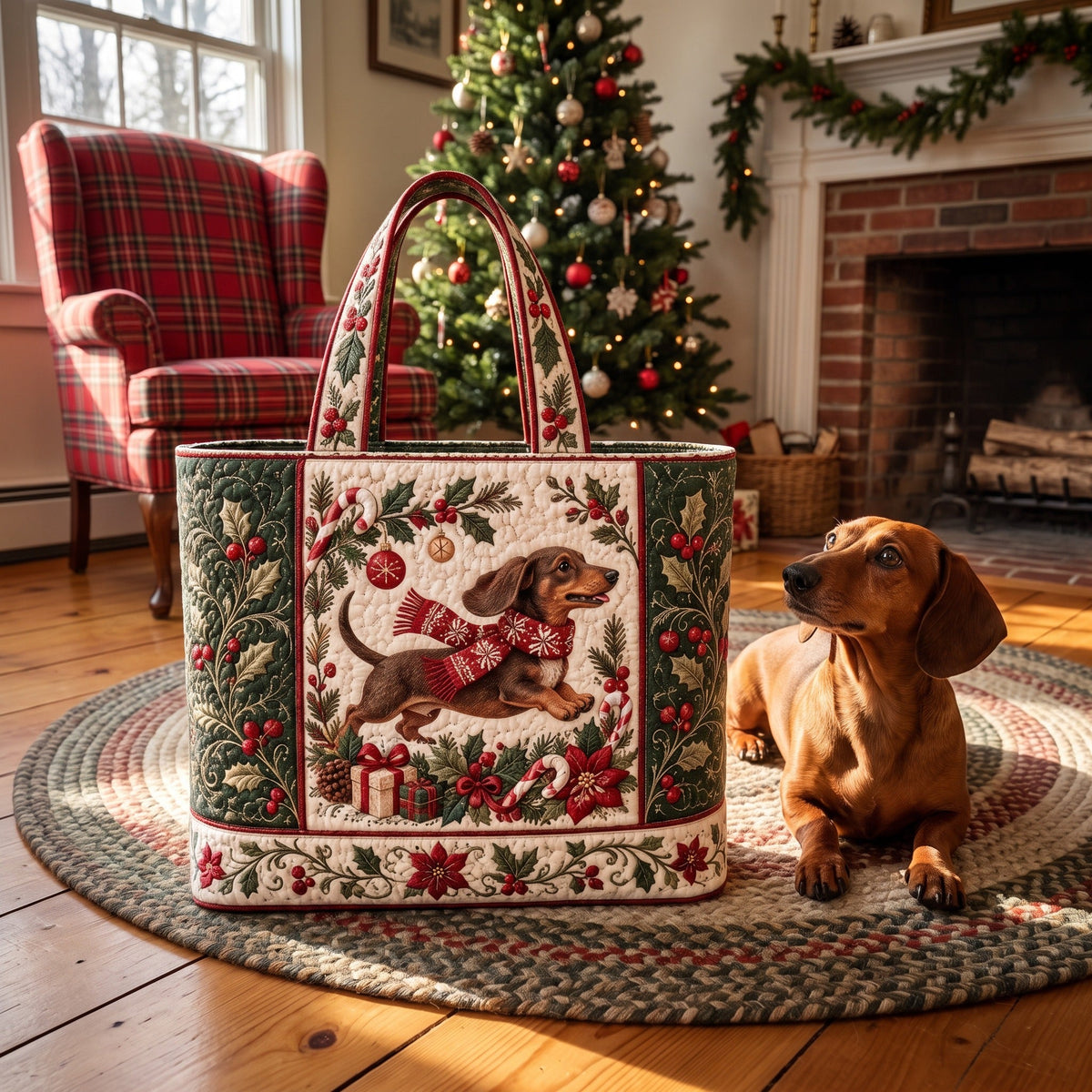 Treva's quilted Christmas tote, Dachshund design
