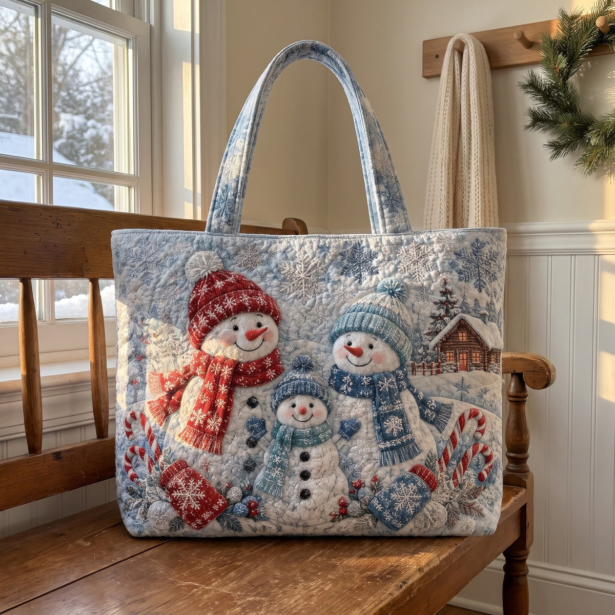 Treva's quilted Christmas tote, Snowman Family design