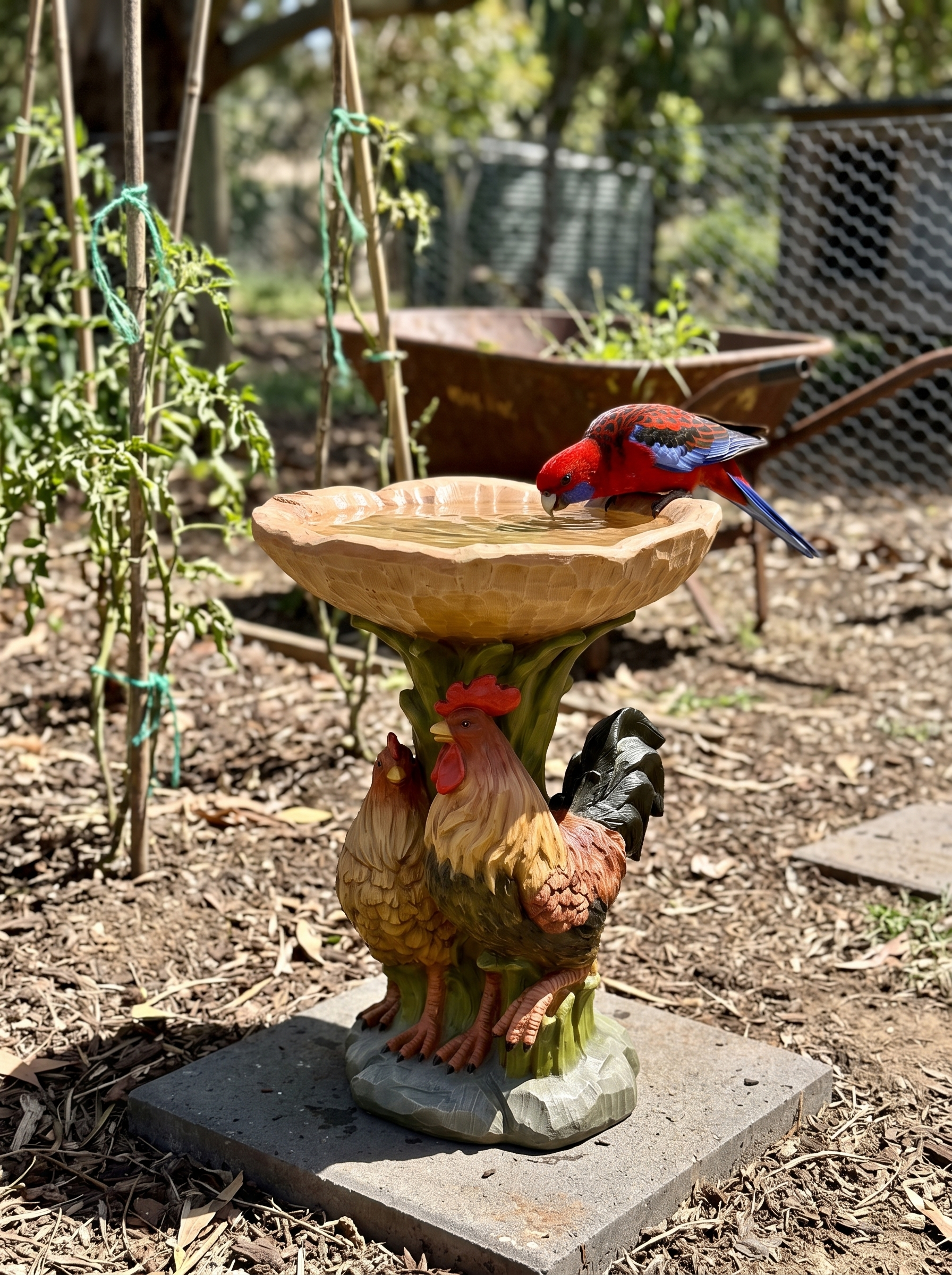 Rooster and hen bird bath in a veggie patch with a crimson rosella