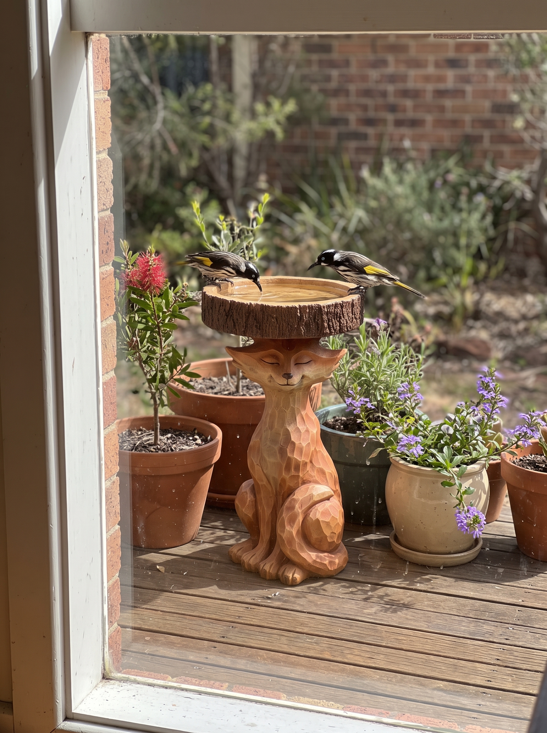 Fox bird bath on a patio with honeyeaters