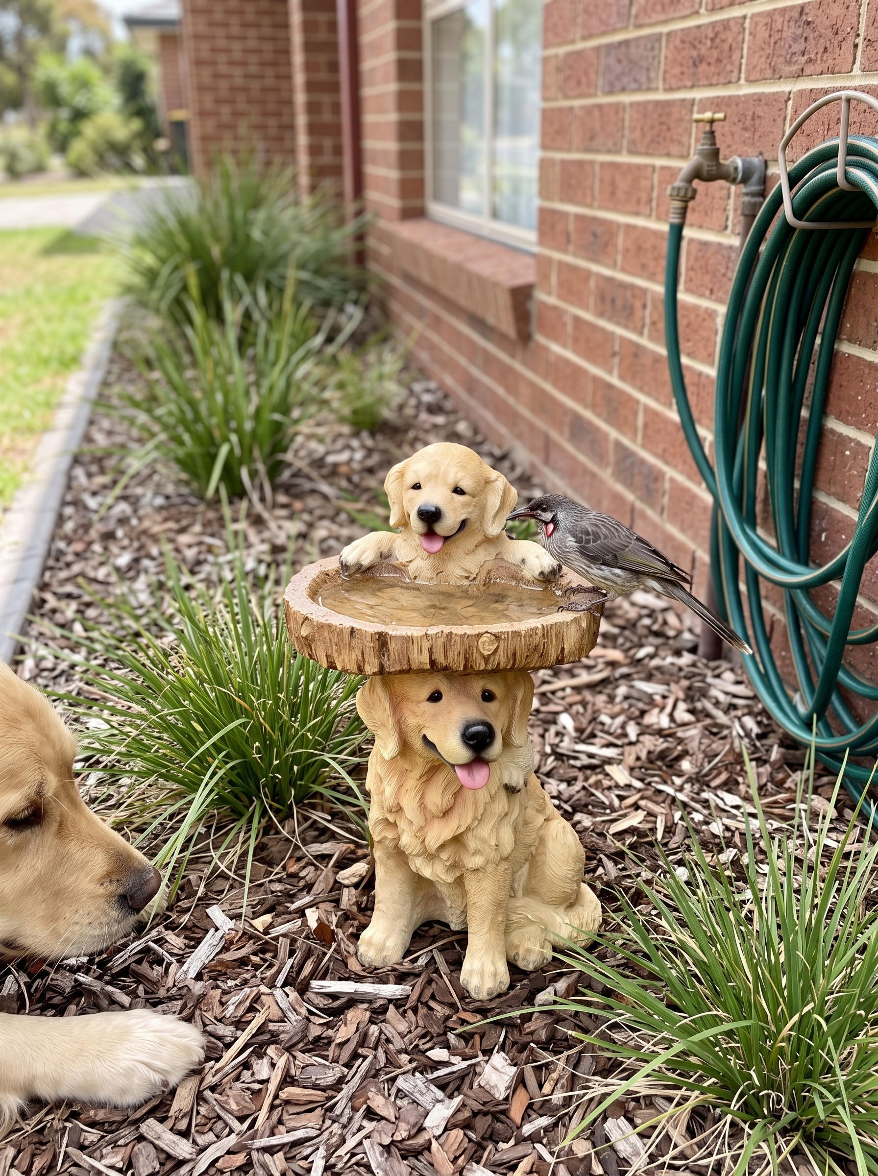 Golden retriever bird bath in a front garden with a wattlebird